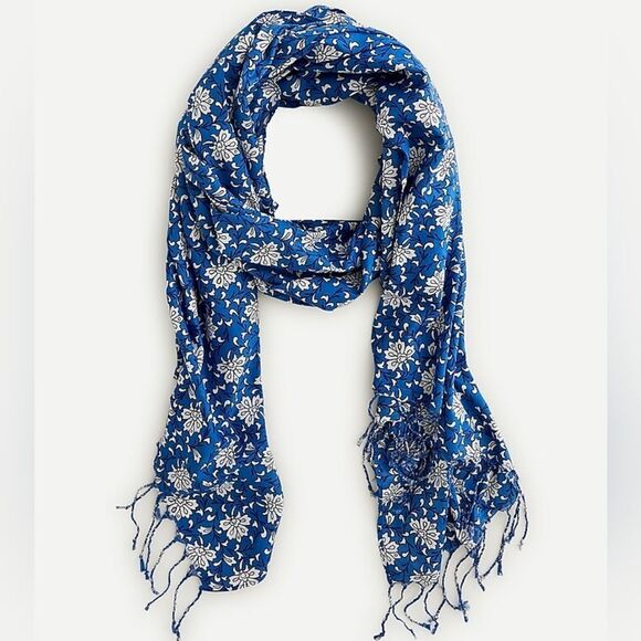 Jcrew blue  wide sarong cotton block print floral scarf , cover up - Picture 1 of 6